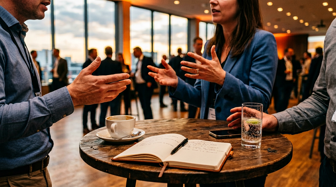 Atmosphärische Aufnahme von Workshop-Tischen mit Notizbüchern