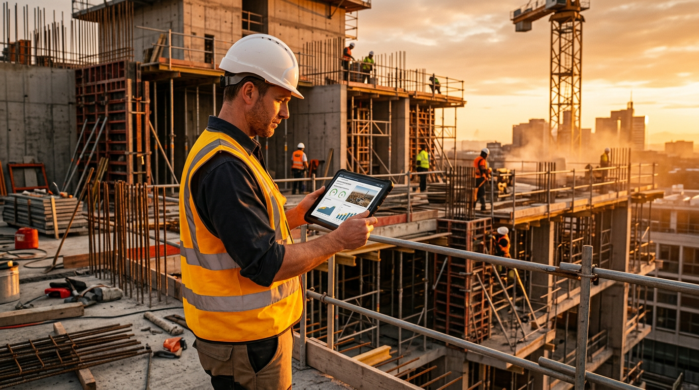 Bauleiter mit Tablet auf der Baustelle – digitale Baudokumentation